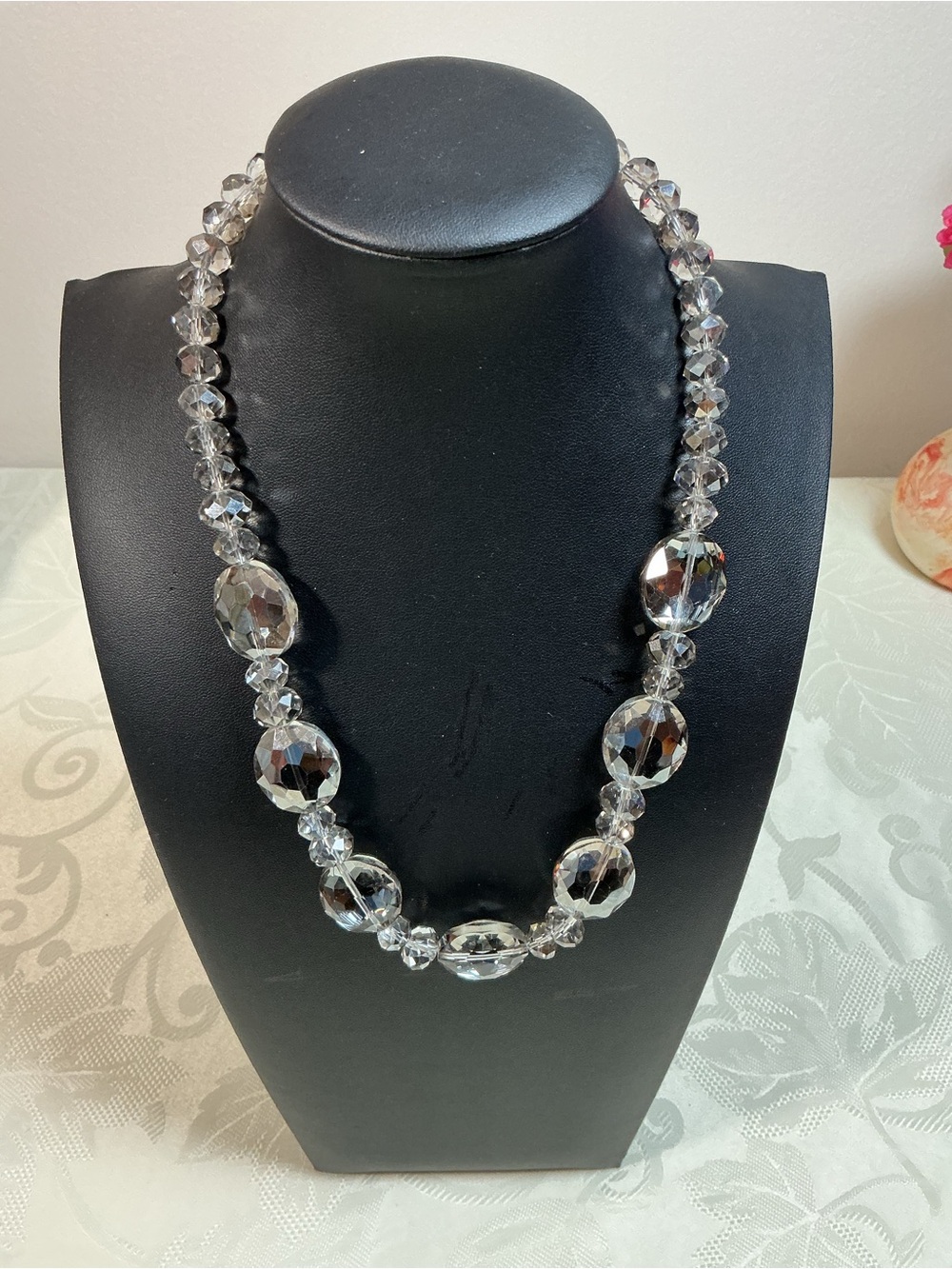 Smoky Gray Faceted Glass Graduated Crystal Bead Silver Tone Necklace